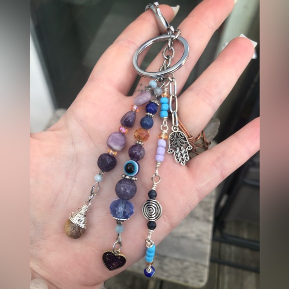 Evil Eye Lepidolite Mixed Crystal Gemstone Beaded Purse Charm / Car Mirror Charm - Picture 6 of 15